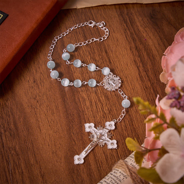 FREE Today: Airy Pale Blue Cat's Eye Car Rosary with St. Benedict Medal & White Enamel Crucifix - image 2