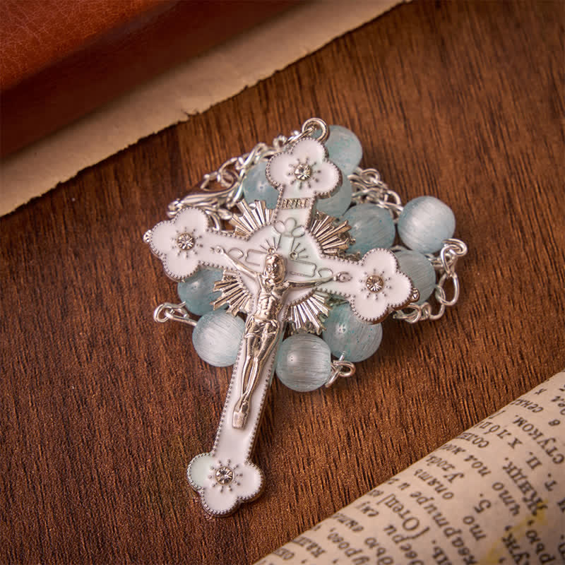 Christianartworkshop Airy Pale Blue Cat's Eye Car Rosary with St. Benedict Medal & White Enamel Crucifix - image 5