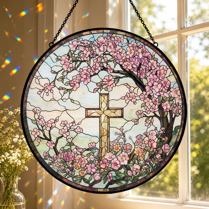 Christianartworkshop Floral Garden Cross Glass Suncatcher: Emblem Of Radiant Heavenly Blessings - image 0