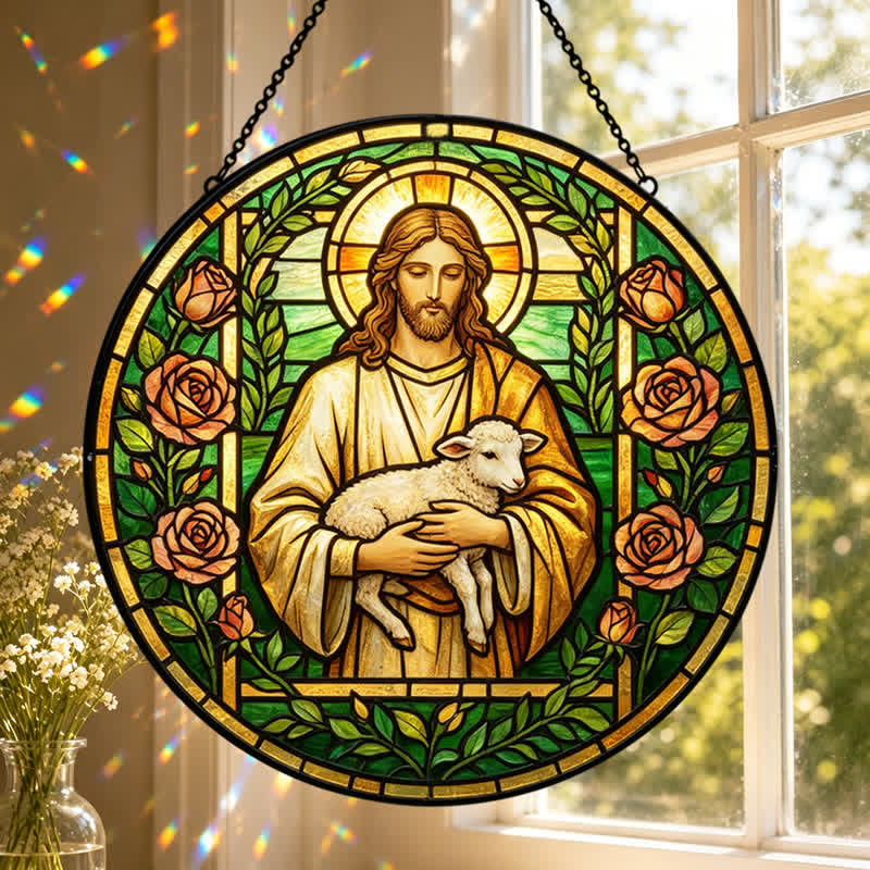 Christianartworkshop Good Shepherd Jesus Glass Suncatcher: Emblem Of Tender Heavenly Mercy - image 0