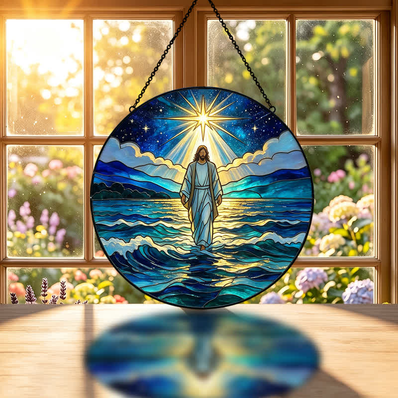 Christianartworkshop Deep Night Ocean Jesus Glass Suncatcher: Emblem Of Calming Sacred Authority - image 1