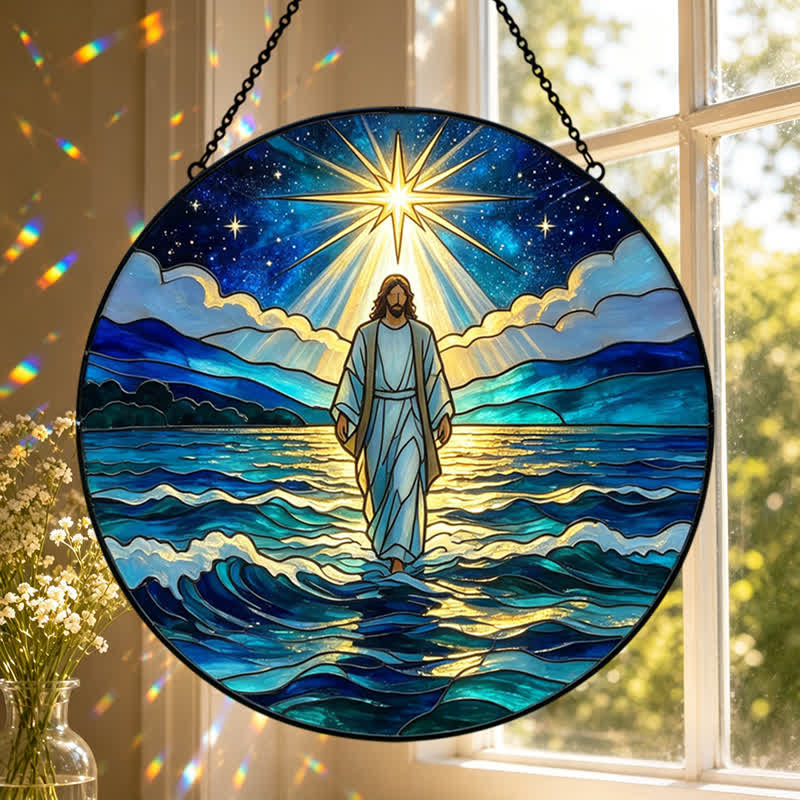 Christianartworkshop Deep Night Ocean Jesus Glass Suncatcher: Emblem Of Calming Sacred Authority - image 0