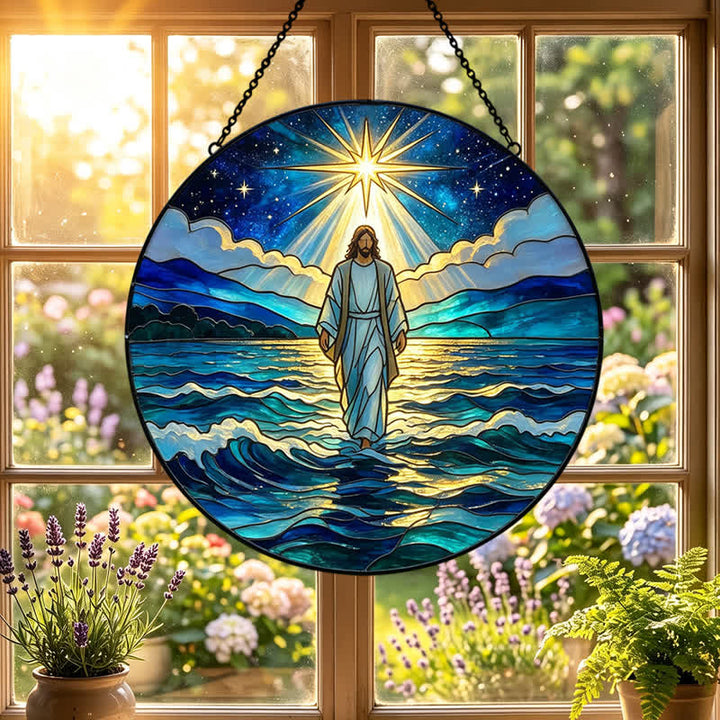 Christianartworkshop Deep Night Ocean Jesus Glass Suncatcher: Emblem Of Calming Sacred Authority - image 5
