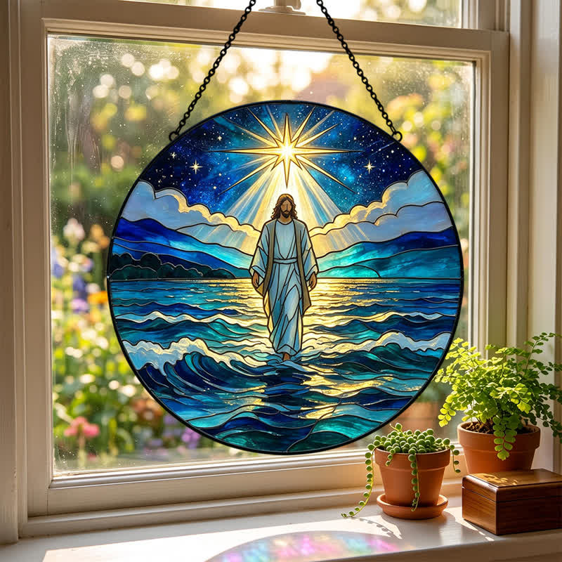Christianartworkshop Deep Night Ocean Jesus Glass Suncatcher: Emblem Of Calming Sacred Authority - image 2
