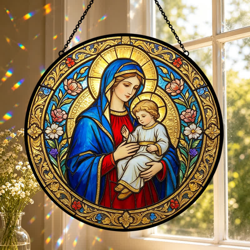 Christianartworkshop Vintage Our Lady And Holy Child Glass Suncatcher: Emblem Of Tender Heavenly Grace - image 0