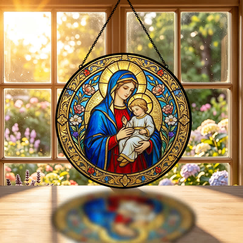Christianartworkshop Vintage Our Lady And Holy Child Glass Suncatcher: Emblem Of Tender Heavenly Grace - image 1