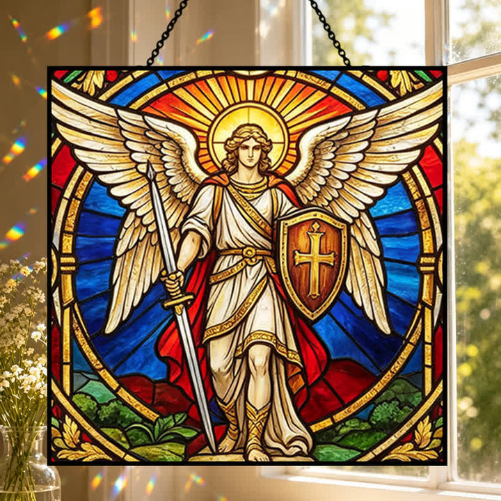 Christianartworkshop Winged Guardian Archangel Michael Glass Suncatcher: Sign Of Quiet Heavenly Vigilance - image 0