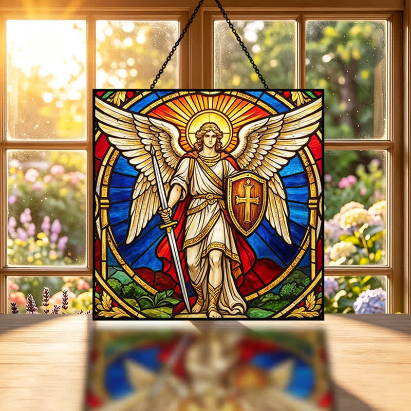 Christianartworkshop Winged Guardian Archangel Michael Glass Suncatcher: Sign Of Quiet Heavenly Vigilance - image 1