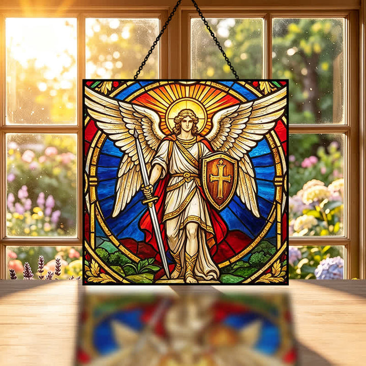 Christianartworkshop Winged Guardian Archangel Michael Glass Suncatcher: Sign Of Quiet Heavenly Vigilance - image 1