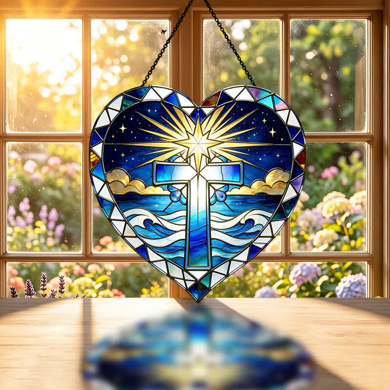 Christianartworkshop Elegant Heart Outline Cross Glass Suncatcher: Emblem Of Warm Sacred Grace - image 1