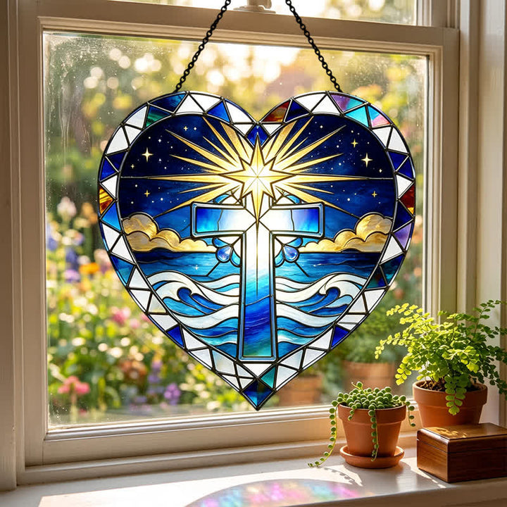 Christianartworkshop Elegant Heart Outline Cross Glass Suncatcher: Emblem Of Warm Sacred Grace - image 2