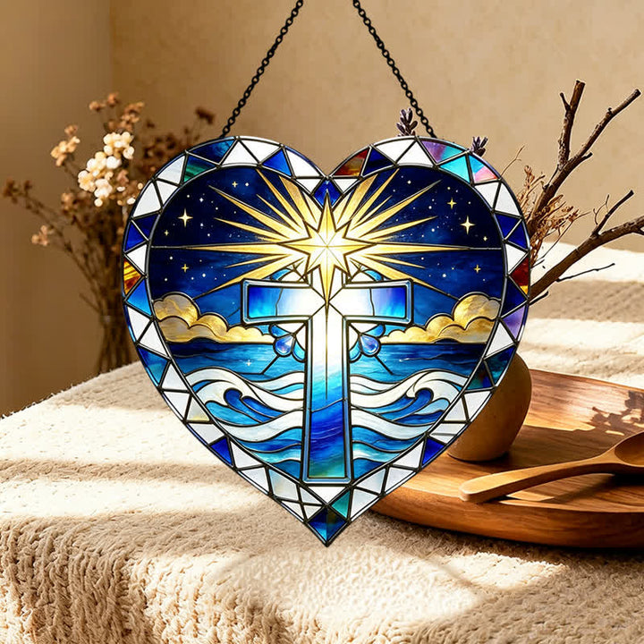 Christianartworkshop Elegant Heart Outline Cross Glass Suncatcher: Emblem Of Warm Sacred Grace - image 4