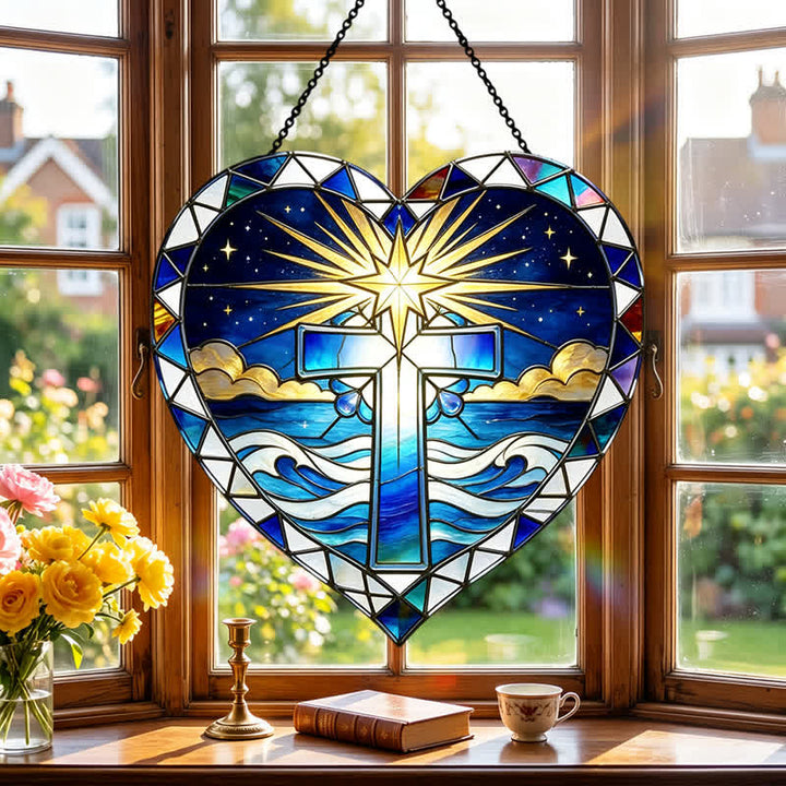 Christianartworkshop Elegant Heart Outline Cross Glass Suncatcher: Emblem Of Warm Sacred Grace - image 3