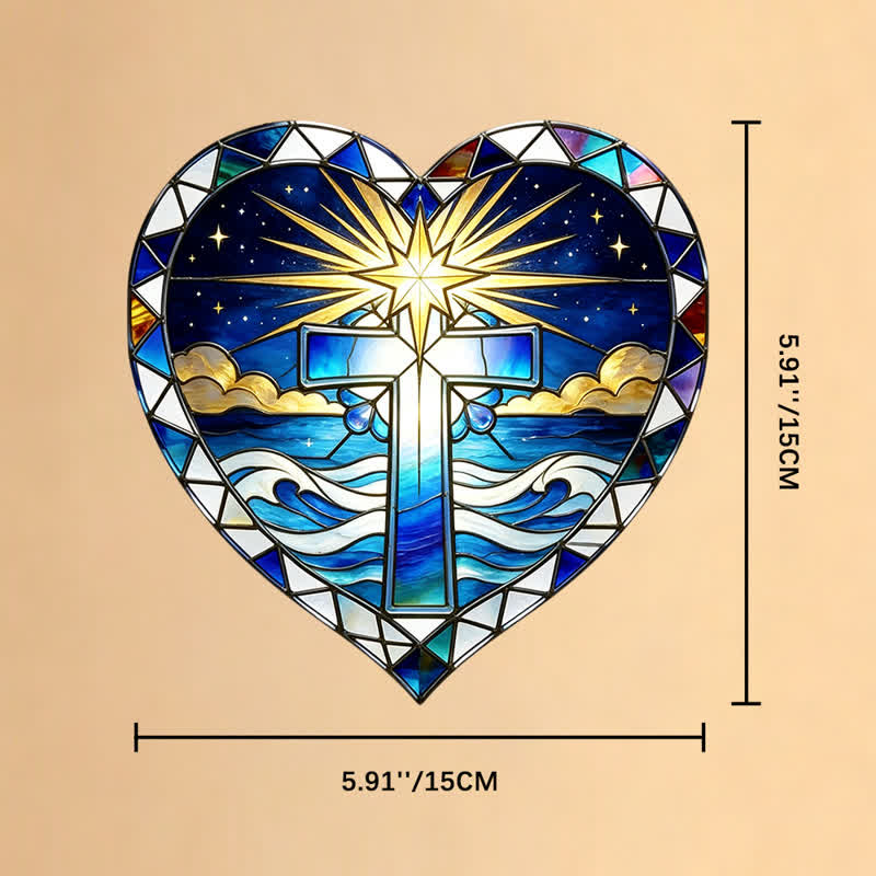 Christianartworkshop Elegant Heart Outline Cross Glass Suncatcher: Emblem Of Warm Sacred Grace - 9.84''*9.84''*0.14''/25*25*0.35cm - image 9