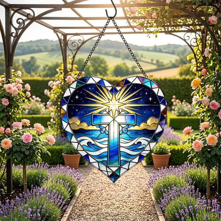 Christianartworkshop Elegant Heart Outline Cross Glass Suncatcher: Emblem Of Warm Sacred Grace - image 5