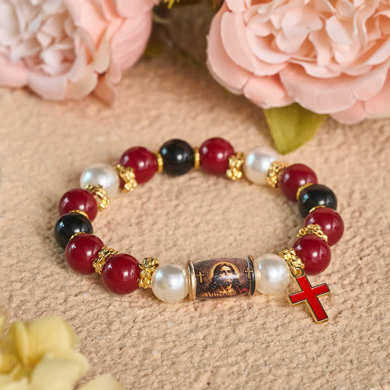 Christianartworkshop Holy Icon Printed Alloy Charm Bead Bracelet: Bearer of Uplifting Sacred Serenity - Jesus - image 1