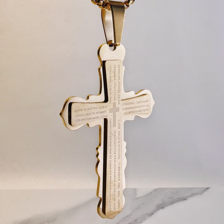 Christianartworkshop Dual‑Link Choice Spanish Verse Cross Necklace: Symbol of Gentle Celestial Shelter - Golden - Box chain - image 6
