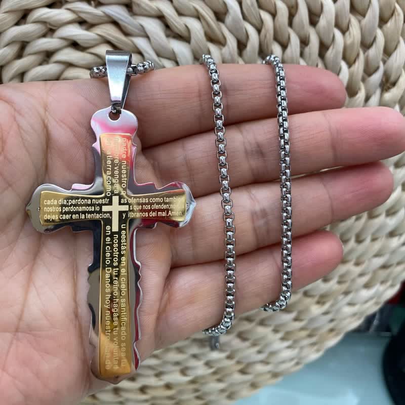 Christianartworkshop Dual‑Link Choice Spanish Verse Cross Necklace: Symbol of Gentle Celestial Shelter - Silver & Golden - Pearl link chain - image 6