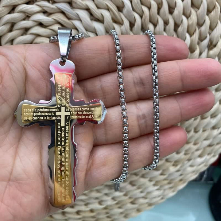Christianartworkshop Dual‑Link Choice Spanish Verse Cross Necklace: Symbol of Gentle Celestial Shelter - Silver & Golden - Pearl link chain - image 6