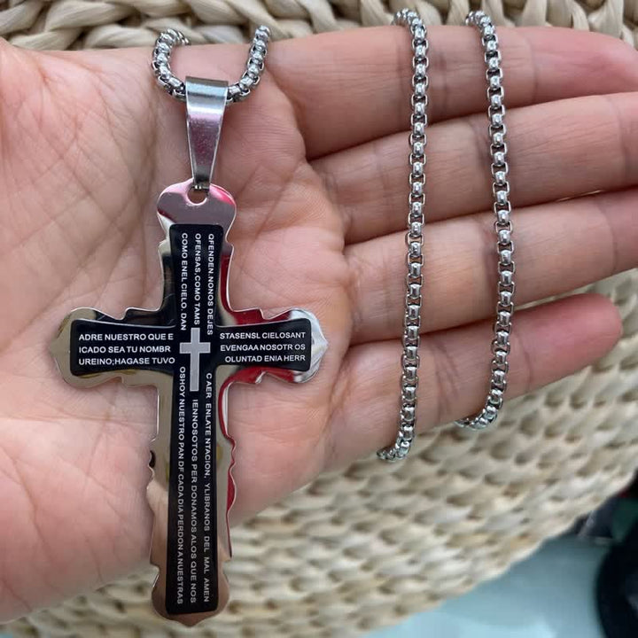 Christianartworkshop Dual‑Link Choice Spanish Verse Cross Necklace: Symbol of Gentle Celestial Shelter - Black - Pearl link chain - image 3