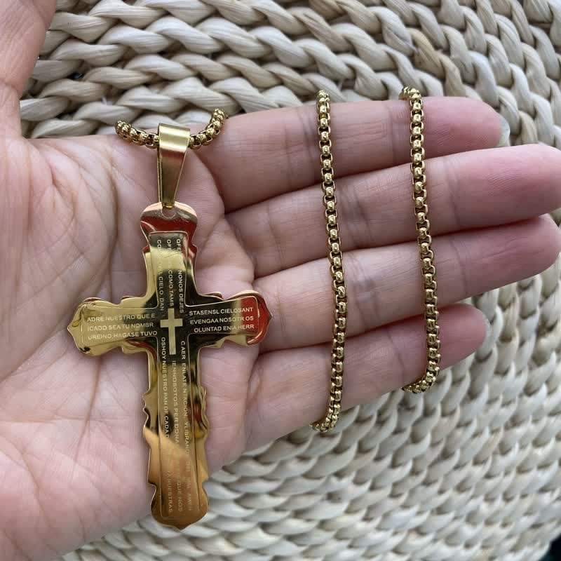 FREE Today: Dual‑Link Choice Spanish Verse Cross Necklace: Symbol of Gentle Celestial Shelter - Golden - Pearl link chain - image 12