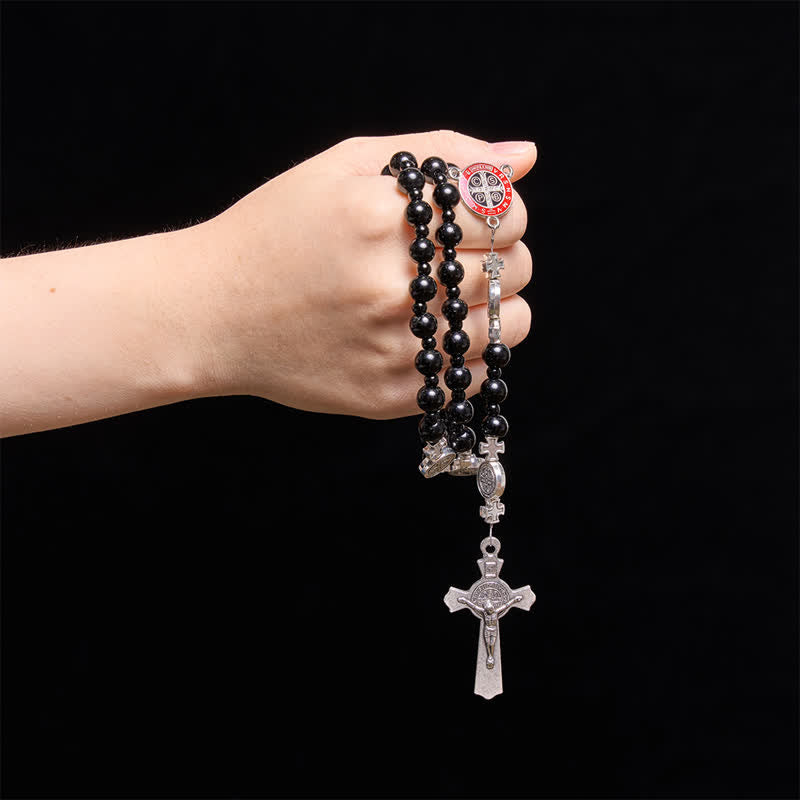 Christianartworkshop Sleek Black Acrylic Bead Rosary with St.Benedict Medals: Emblem of Steadfast Heavenly Safeguard - image 1
