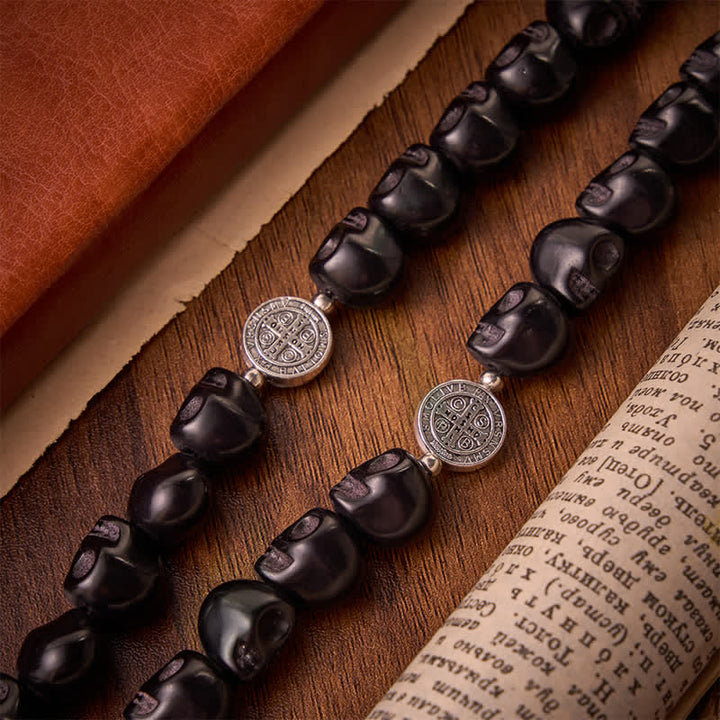 Christianartworkshop Carved Black Skull Acrylic Memento Mori Rosary with St.Benedict Medals - image 6
