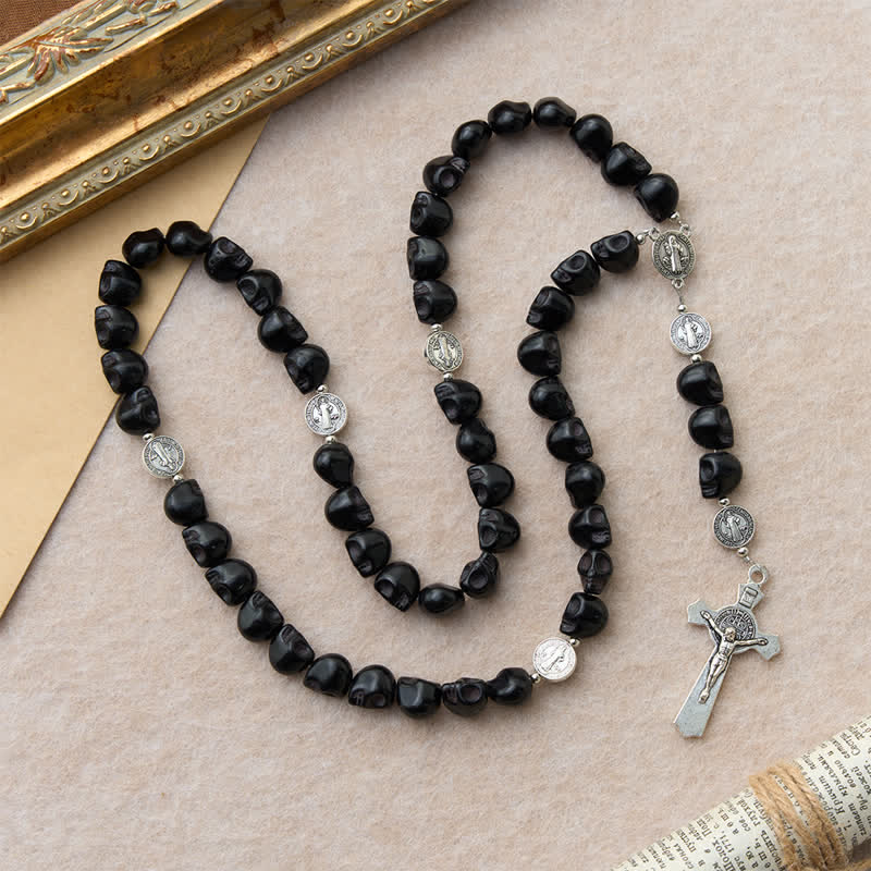 Christianartworkshop Carved Black Skull Acrylic Memento Mori Rosary with St.Benedict Medals - image 4