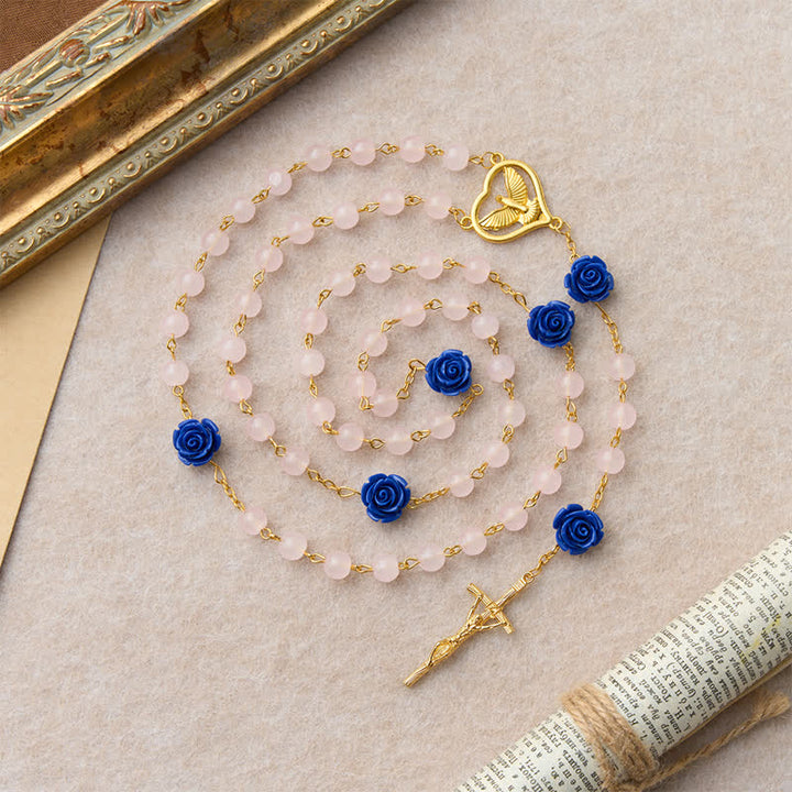 Christianartworkshop Heavenly Royal Blue Rose Pink Glass Rosary with Holy Spirit Heart & Crucifix - image 5