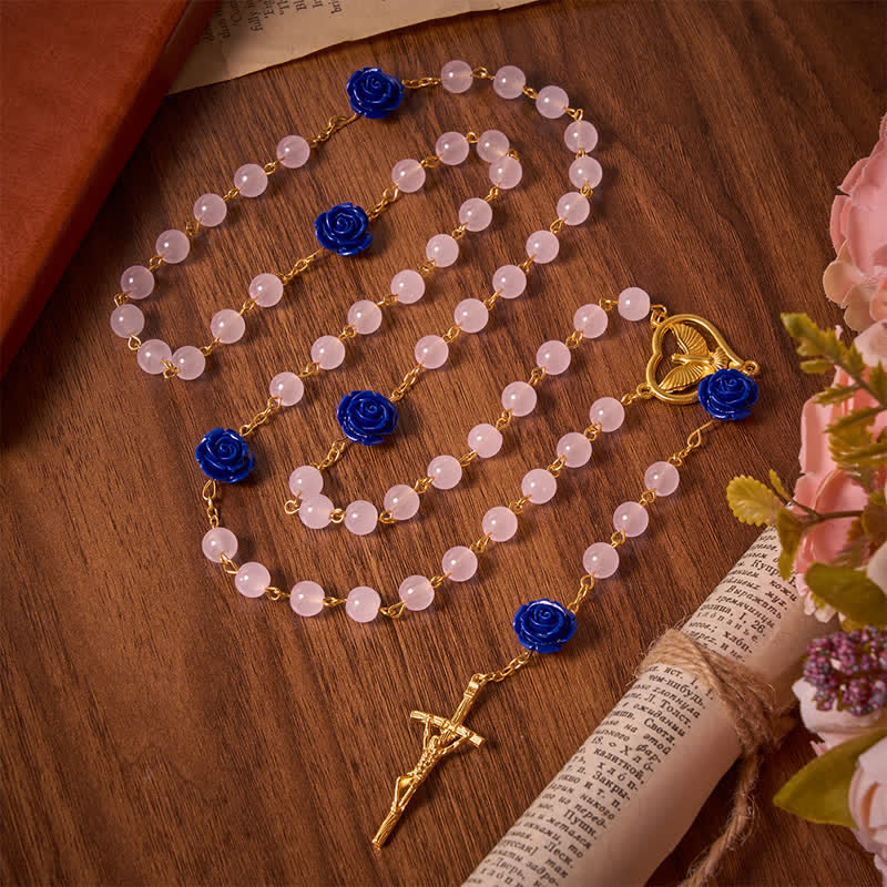 Christianartworkshop Heavenly Royal Blue Rose Pink Glass Rosary with Holy Spirit Heart & Crucifix - Holy Spirit Rose Rosary - image 0