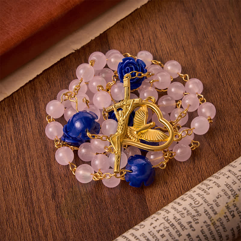 Christianartworkshop Heavenly Royal Blue Rose Pink Glass Rosary with Holy Spirit Heart & Crucifix - image 3