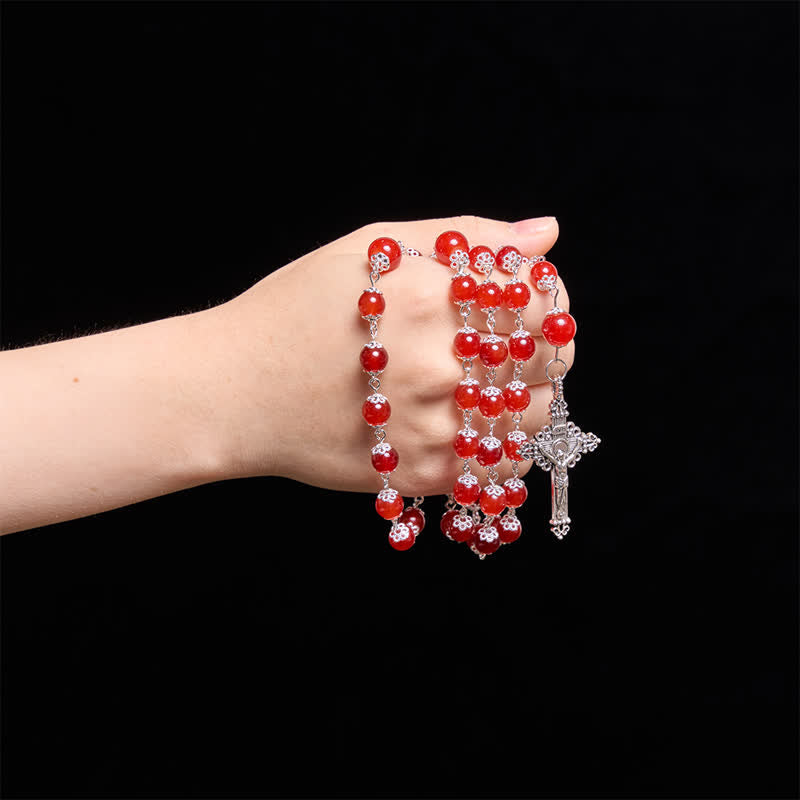 Christianartworkshop Glossy Red Glass Bead Rosary with Jerusalem Cross: Emblem of Noble Heavenly Redemption - image 1