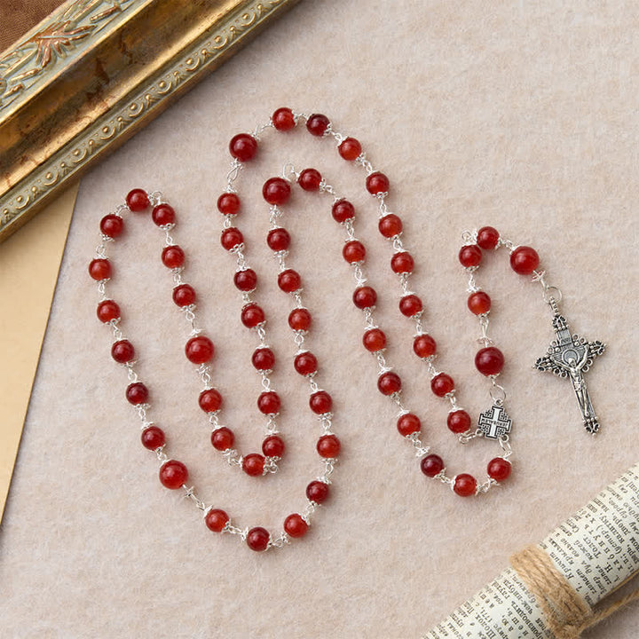 Christianartworkshop Glossy Red Glass Bead Rosary with Jerusalem Cross: Emblem of Noble Heavenly Redemption - image 3