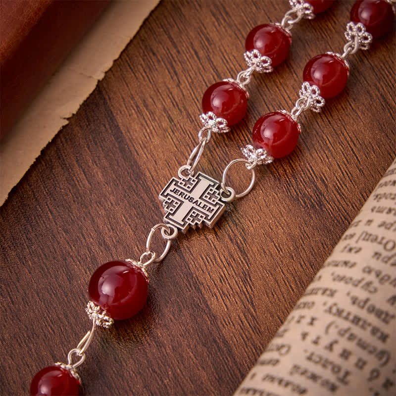 Christianartworkshop Glossy Red Glass Bead Rosary with Jerusalem Cross: Emblem of Noble Heavenly Redemption - image 7