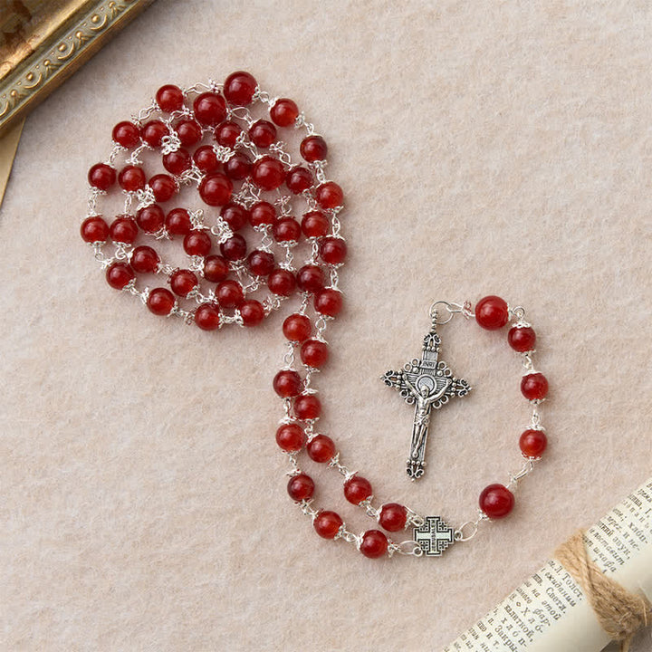 Christianartworkshop Glossy Red Glass Bead Rosary with Jerusalem Cross: Emblem of Noble Heavenly Redemption - image 4
