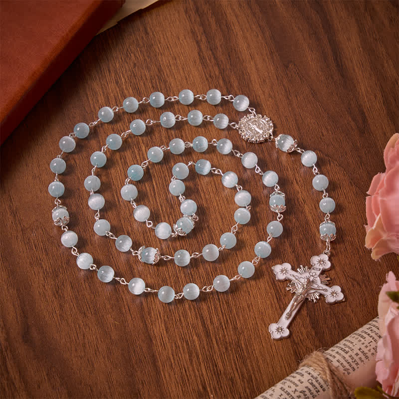 Christianartworkshop Pale Sky Cat's Eye Bead Rosary & St. Benedict Cross: Emblem of Quiet Sacred Guidance - Light Blue Cat's Eyes Rosary - image 0