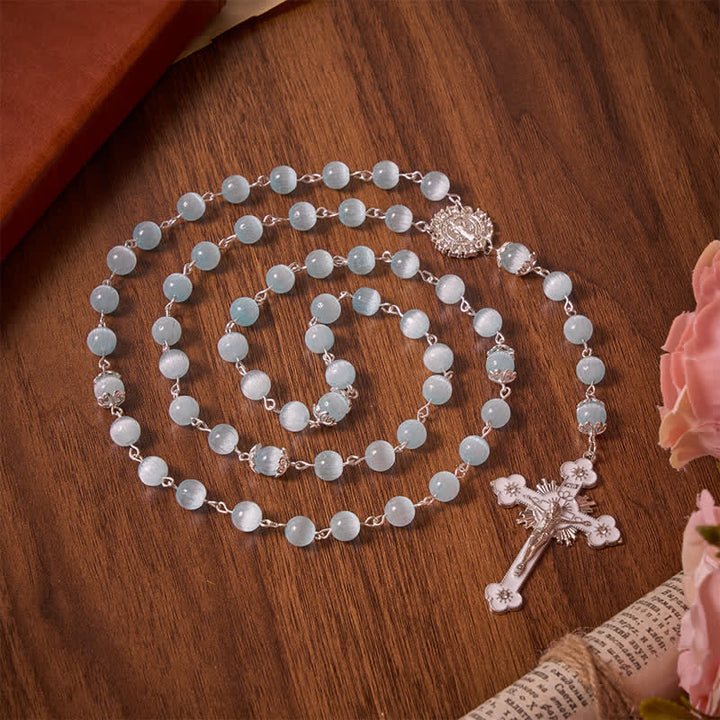 Christianartworkshop Pale Sky Cat's Eye Bead Rosary & St. Benedict Cross: Emblem of Quiet Sacred Guidance - Light Blue Cat's Eyes Rosary - image 0