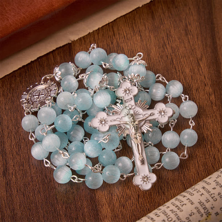 Christianartworkshop Pale Sky Cat's Eye Bead Rosary & St. Benedict Cross: Emblem of Quiet Sacred Guidance - image 3