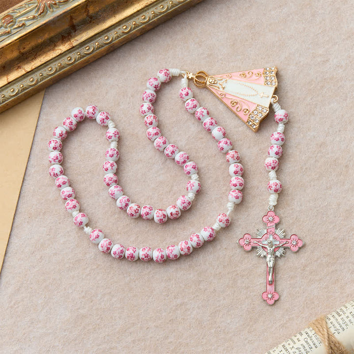 Christianartworkshop Pink Floral Porcelain Bead Rosary with Our Lady of Aparecida Medallion - image 4