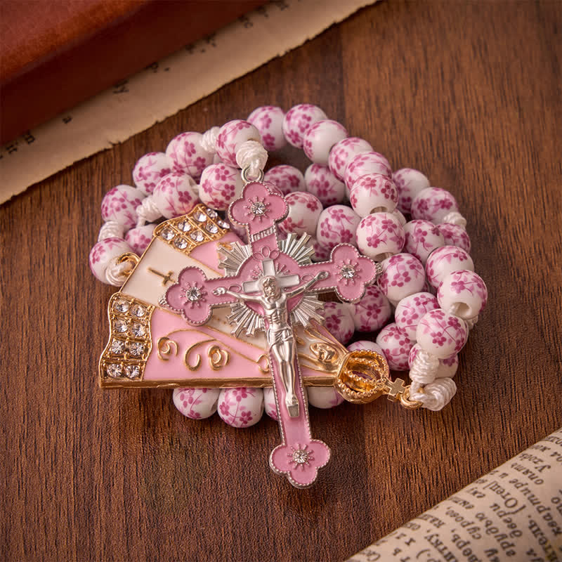 Christianartworkshop Pink Floral Porcelain Bead Rosary with Our Lady of Aparecida Medallion - image 3