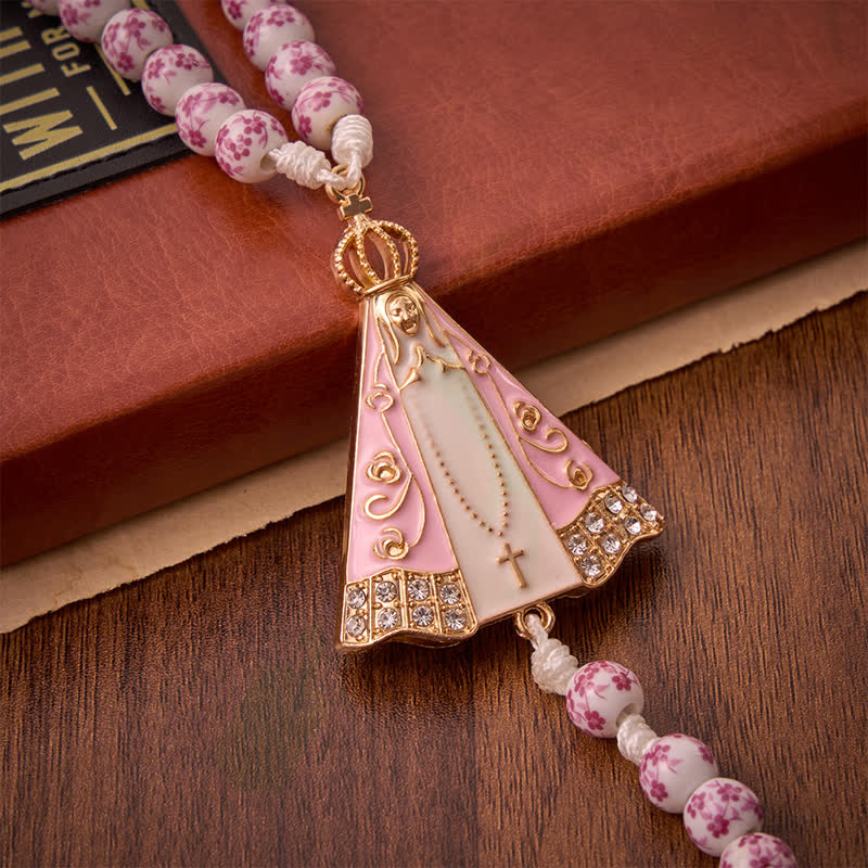 Christianartworkshop Pink Floral Porcelain Bead Rosary with Our Lady of Aparecida Medallion - image 7