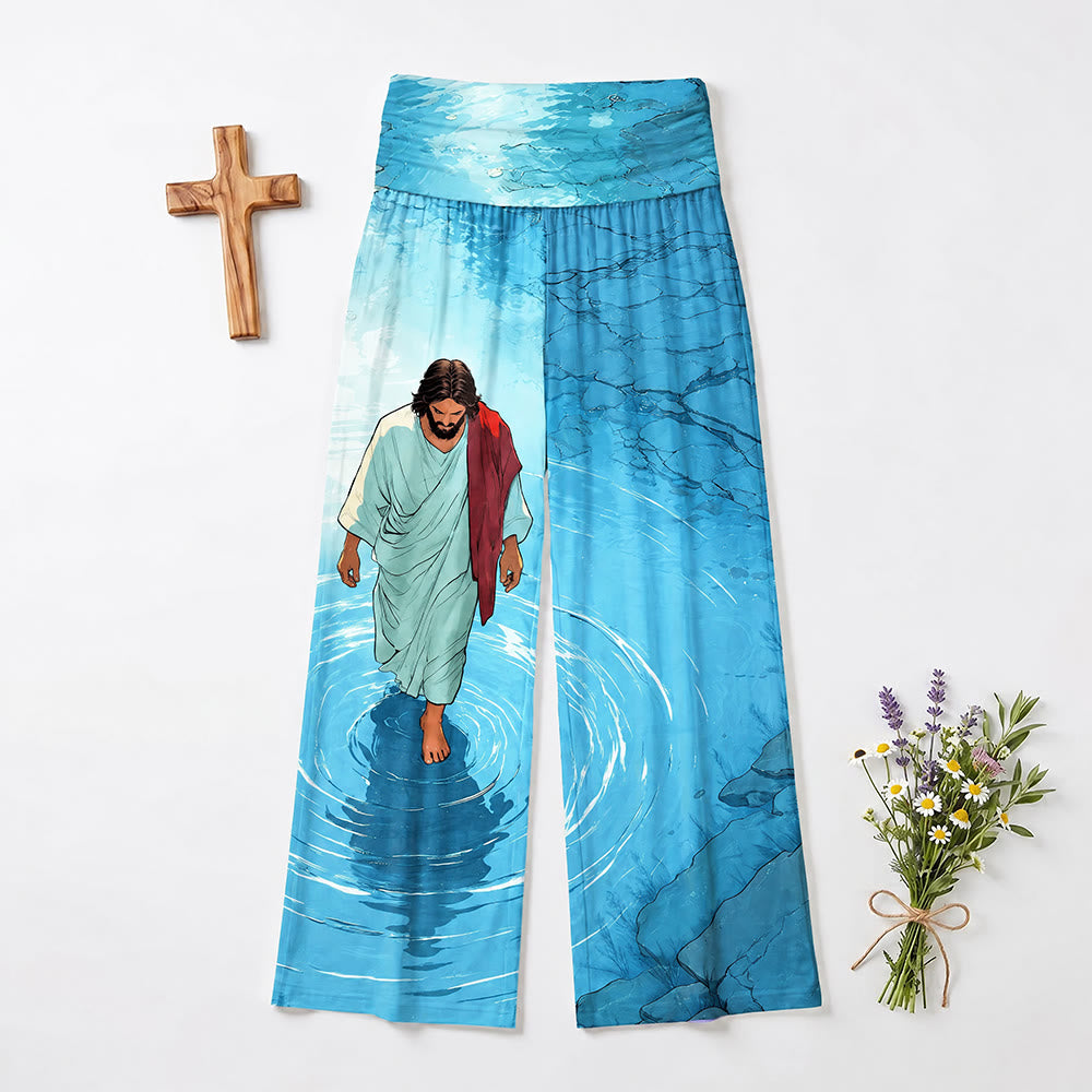 Christianartworkshop Jesus Walking On Water Ripple Lake Comic Art Casual Faith Women’s Wide Leg Pants - image 2