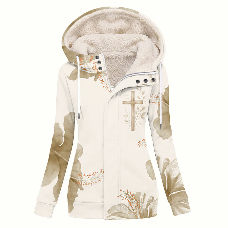 Christianartworkshop Floral Cross Sherpa Lined Hooded Winter Coat - US16,UK/AU20,EU48(4XL) - image 0