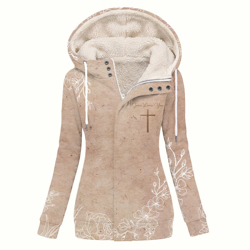 Christianartworkshop Floral Cross Sherpa Hooded Winter Coat - US16,UK/AU20,EU48(4XL) - image 0