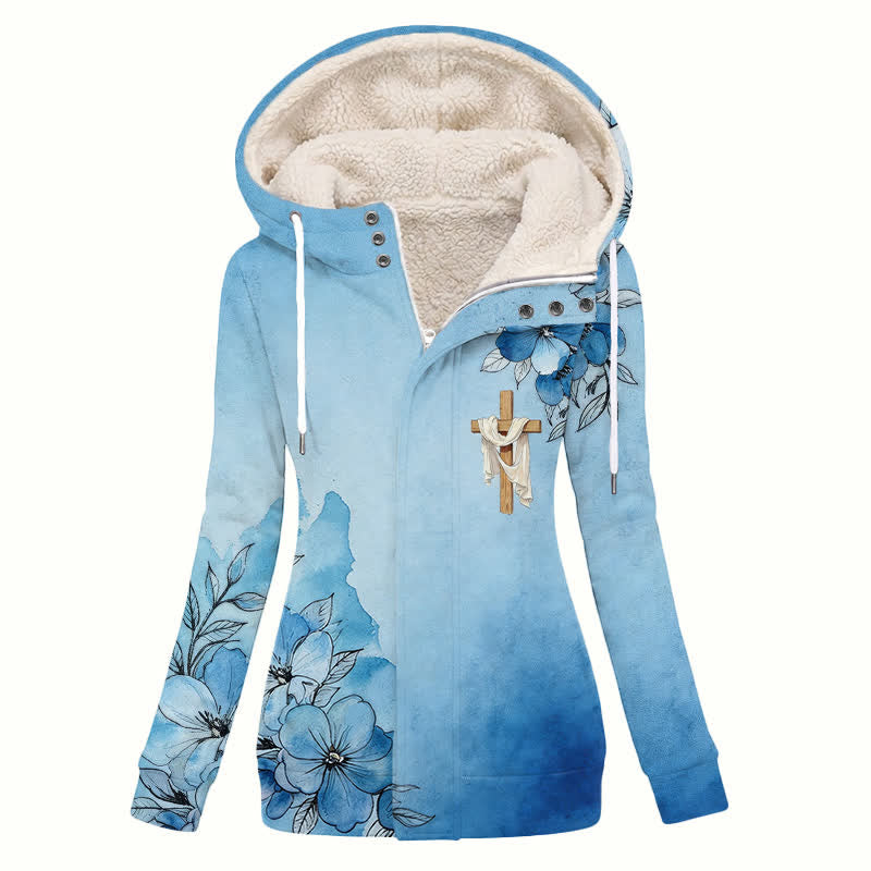 Christianartworkshop Blue Ombre Floral Cross Sherpa Hooded Winter Coat - US16,UK/AU20,EU48(4XL) - image 0