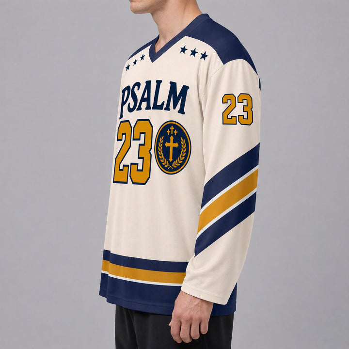 Christianartworkshop Psalm 23 Shepherd Verse Navy Gold Hockey Jersey - image 5