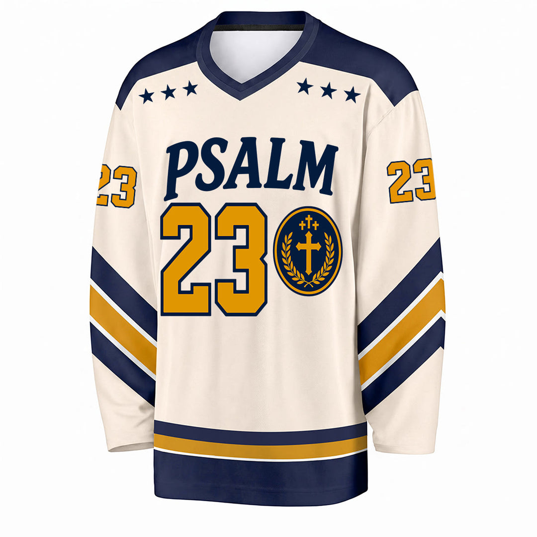 Christianartworkshop Psalm 23 Shepherd Verse Navy Gold Hockey Jersey - image 1