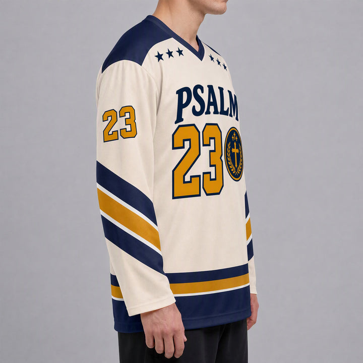 Christianartworkshop Psalm 23 Shepherd Verse Navy Gold Hockey Jersey - image 4