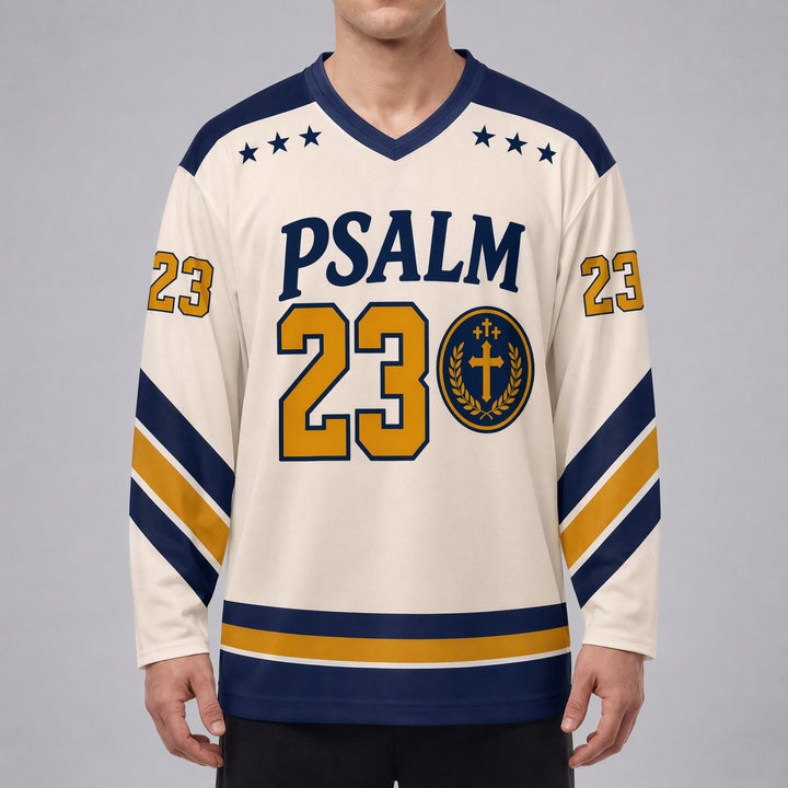 Christianartworkshop Psalm 23 Shepherd Verse Navy Gold Hockey Jersey - image 3