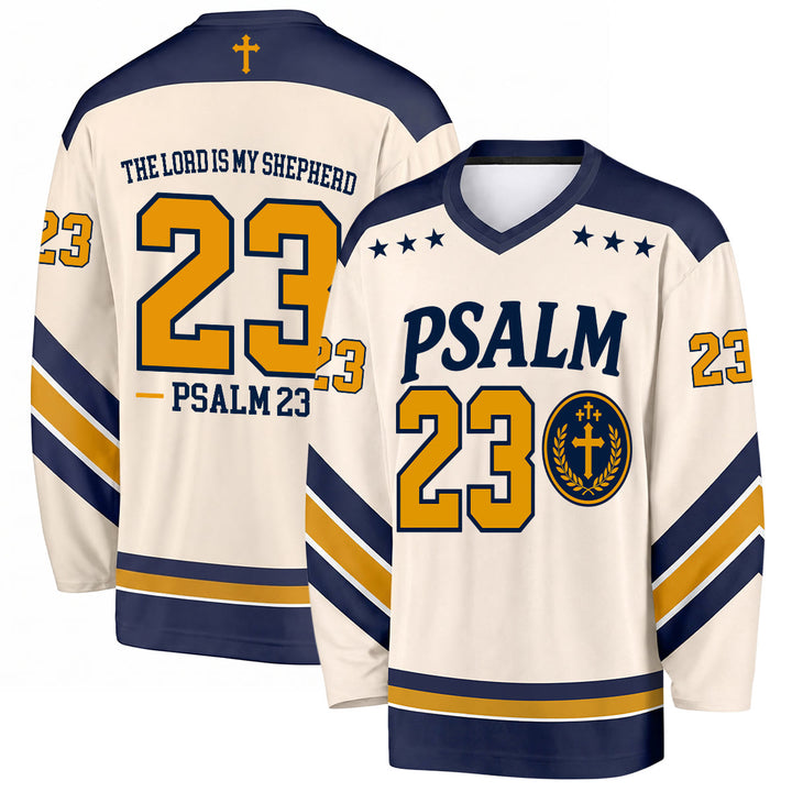 Christianartworkshop Psalm 23 Shepherd Verse Navy Gold Hockey Jersey - 5XL - image 0
